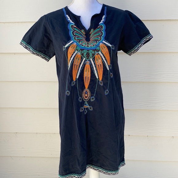Cute Options Dresses & Skirts - BOHO BEACHY dress navy with embroidered front sleeves and hem sz L 100% cotton